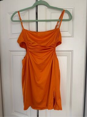 Beginning Boutique Vibrant Orange Cutout Ruched Mini Dress